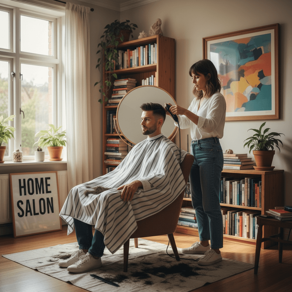 Homme recevant une coupe à domicile