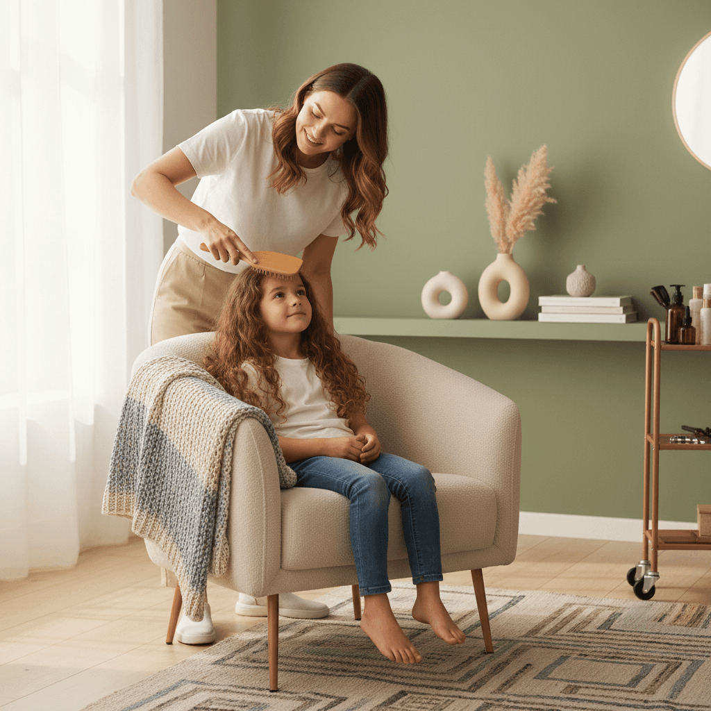 Mother brushing child's hair in a cozy, modern home setting, soft natural light