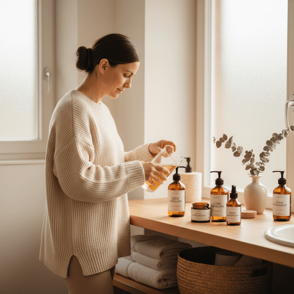 Coiffeuse préparant ses produits dans une salle de bain lumineuse et rangée