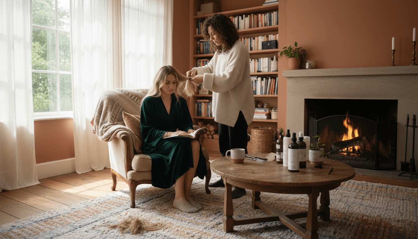 Margot coiffant une cliente dans un intérieur chaleureux et lumineux