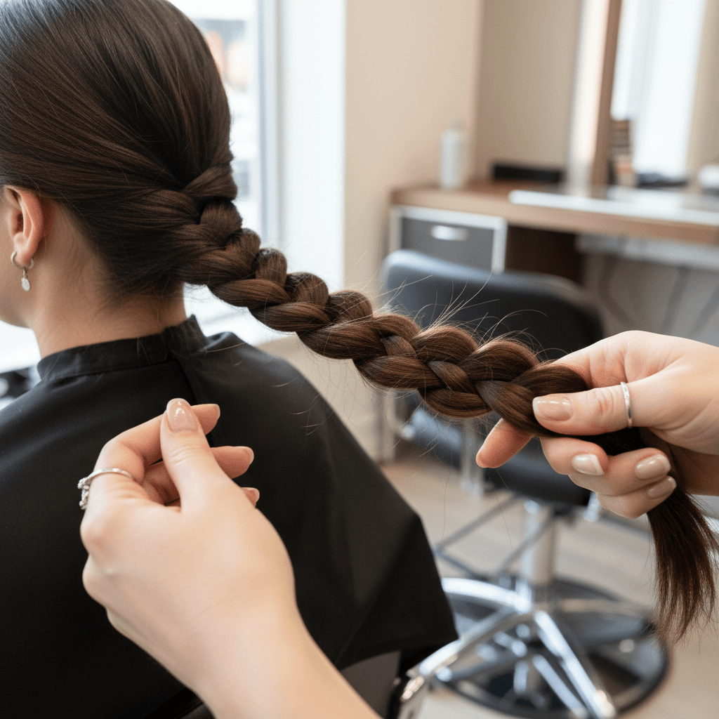 Expert stylist's hands braiding premium human hair in luxury salon with natural window light