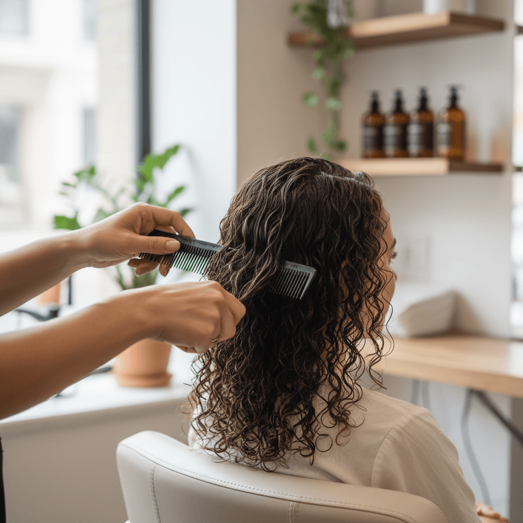 Coiffeuse coiffant une cliente dans un salon cosy à domicile