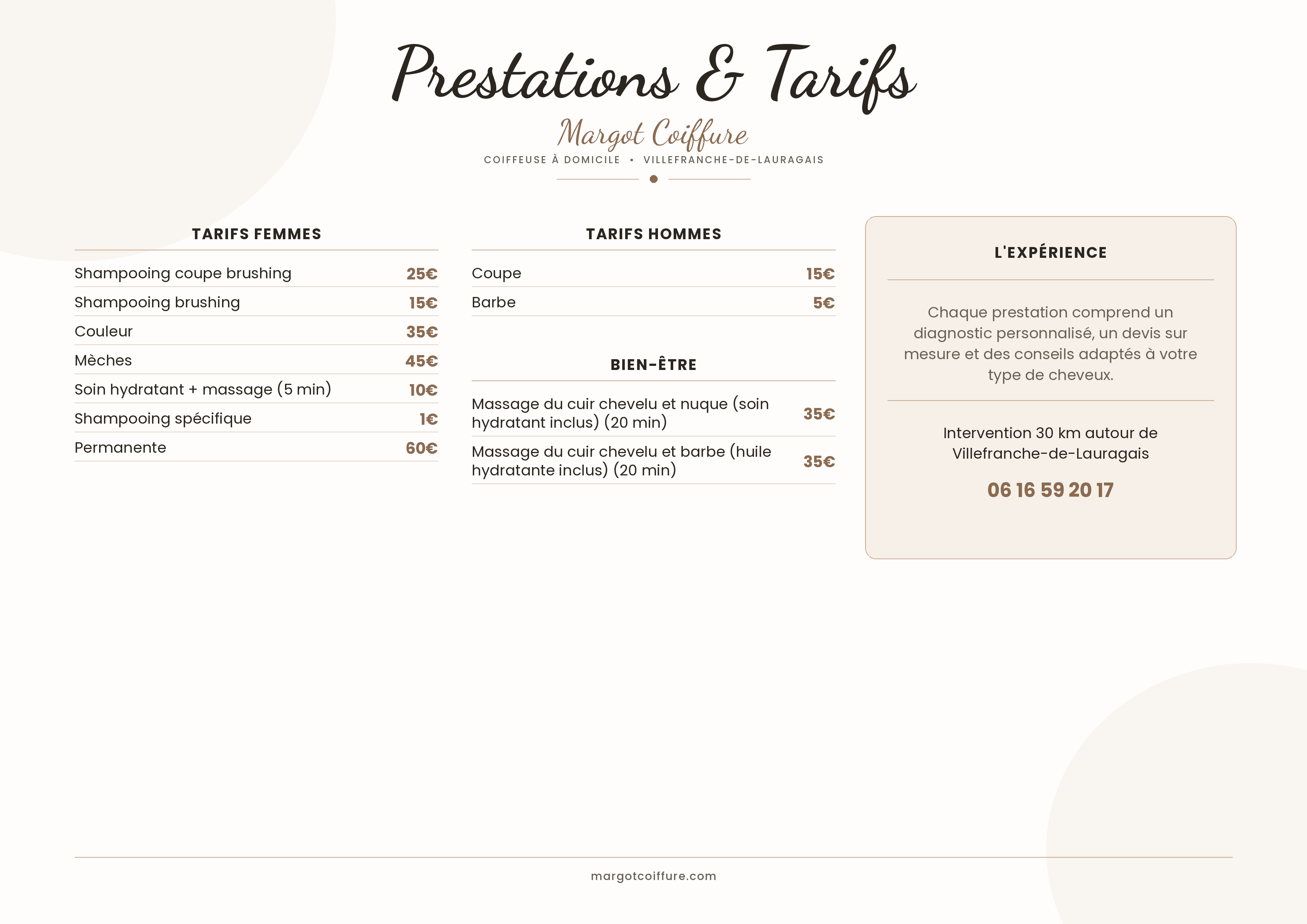Menu des tarifs de Margot Coiffure détaillant les prestations pour femmes, hommes et bien-être.